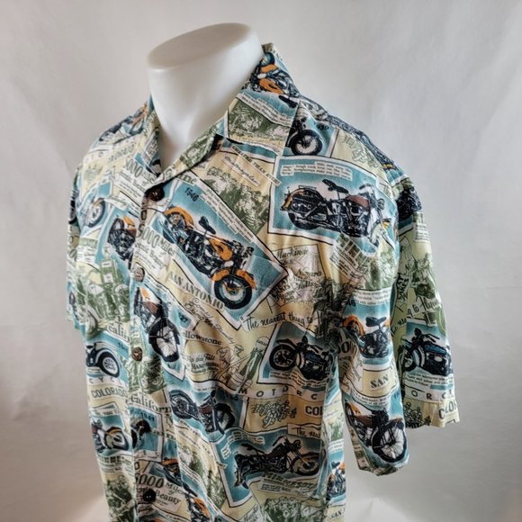 Dem Crazy Shirt Mens Medium Blue Button Up Camp Motorcycle Road Trip Travel - Picture 4 of 6
